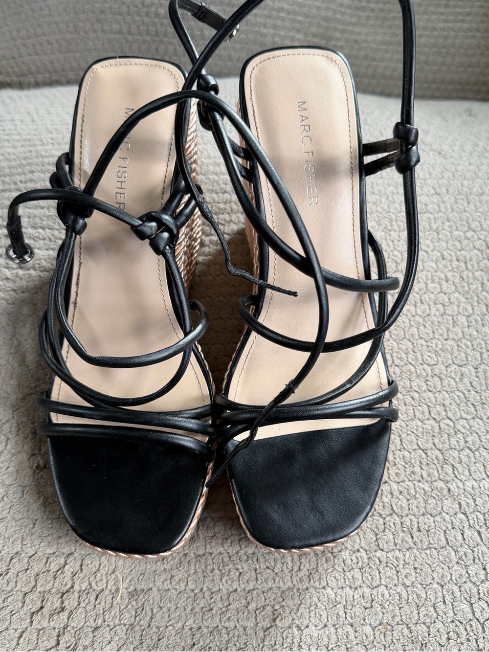 Marc Fisher Black Strappy Lace-Up Wedge Sandals